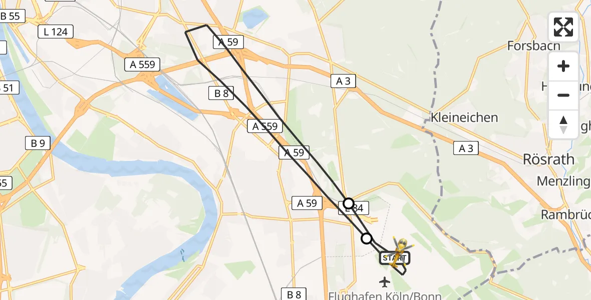 Routekaart van de vlucht: Rettungshubschrauber unterwegs von Köln Bonn Flughafen