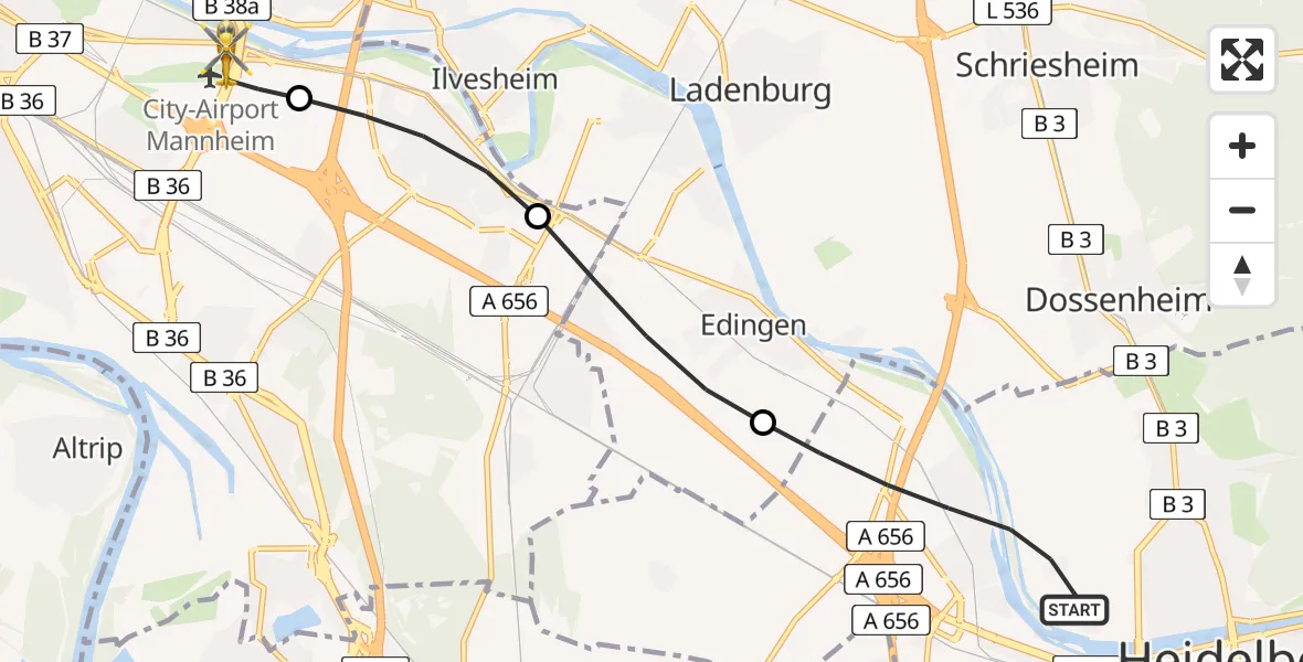 Flugroute Rettungshubschrauber Heidelberg - Mannheim-City Flughafen, 04 April 2026, 08:36