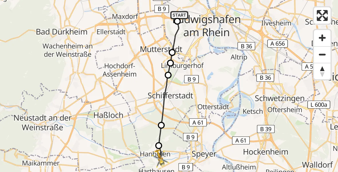 Flugroute Rettungshubschrauber Ludwigshafen Accident Hospital - Hanhofen, 04 April 2026, 08:39