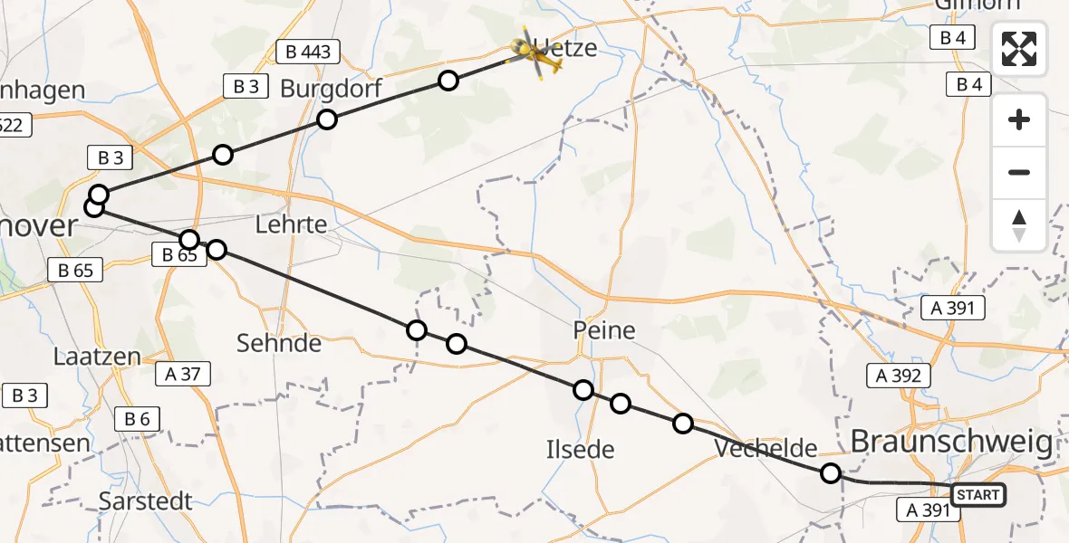 Flugroute Rettungshubschrauber Braunschweig - Uetze, 04 April 2026, 08:43