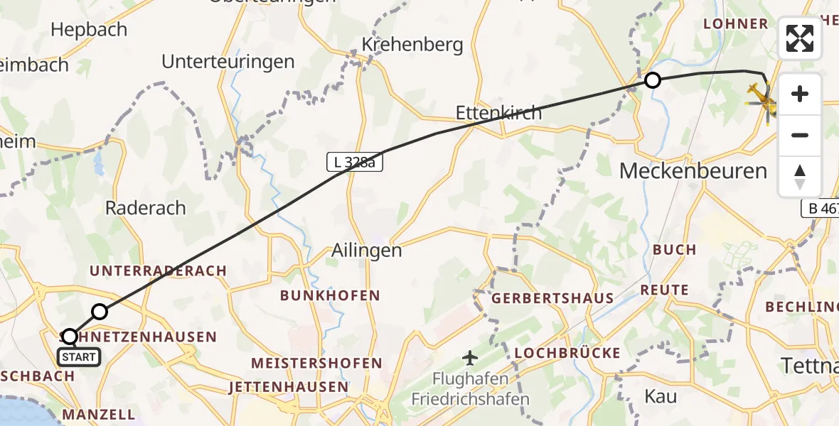 Flugroute Rettungshubschrauber Friedrichshafen Hospital - Meckenbeuren, 04 April 2026, 08:48
