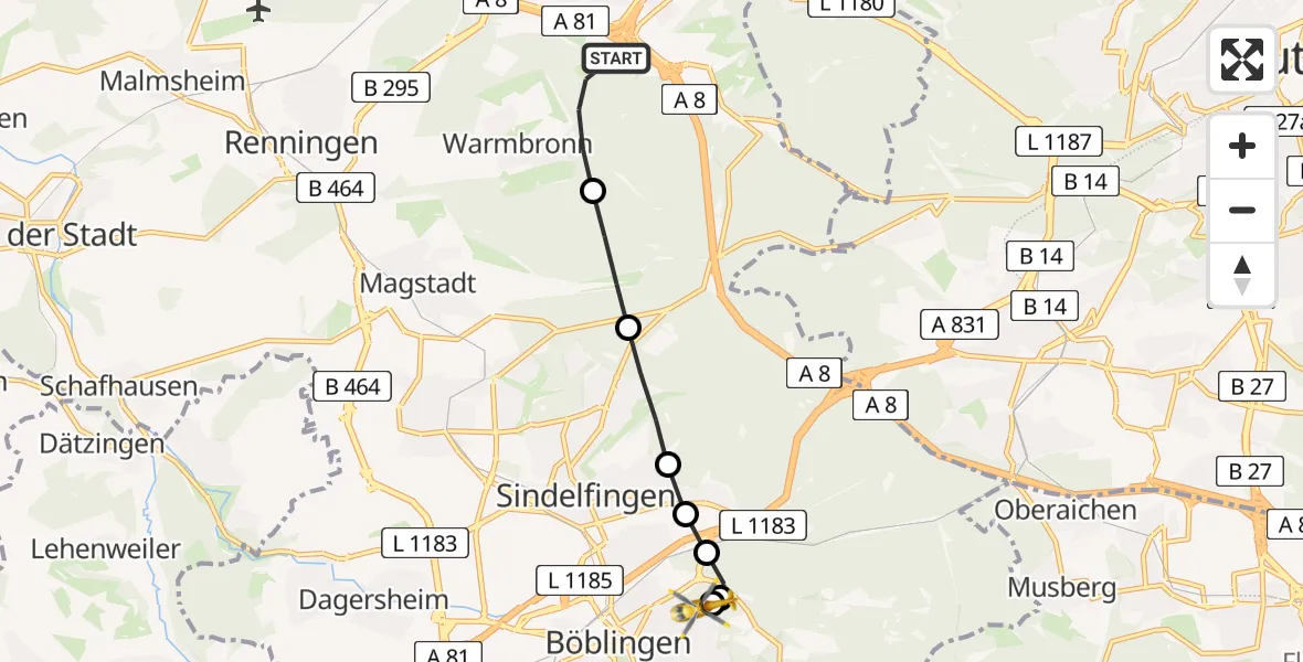 Flugroute Rettungshubschrauber Leonberg - Böblingen Hospital, 04 April 2026, 09:00