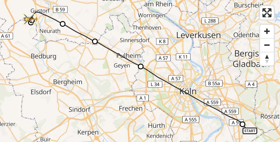 Flugroute Rettungshubschrauber Köln Bonn Flughafen - Grevenbroich, 04 April 2026, 09:23