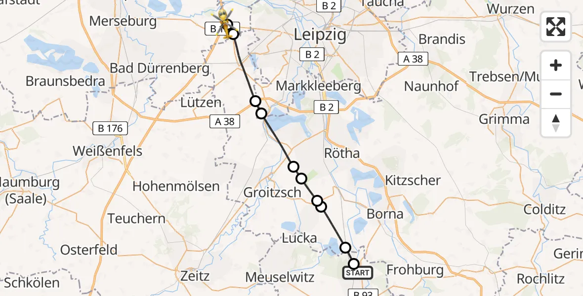 Flugroute Rettungshubschrauber Treben - ADAC Air Rescue Station Leipzig/Schkeuditz-Dölzig Hubschrauberlandeplatz (Christoph 61), 04 April 2026, 09:33