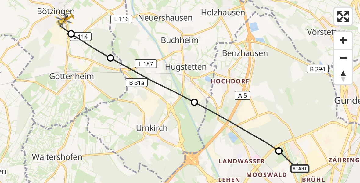 Flugroute Rettungshubschrauber Freiburg im Breisgau Flugplatz - Bötzingen, 04 April 2026, 09:35