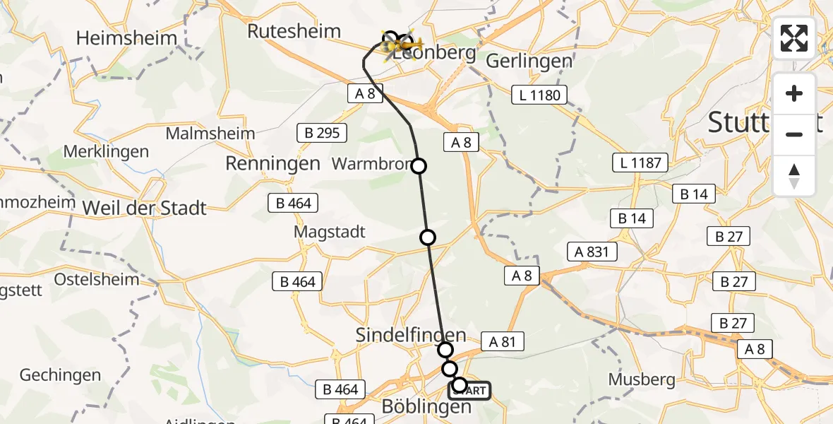 Flugroute Rettungshubschrauber Böblingen Hospital - Leonberg Hospital, 04 April 2026, 09:38