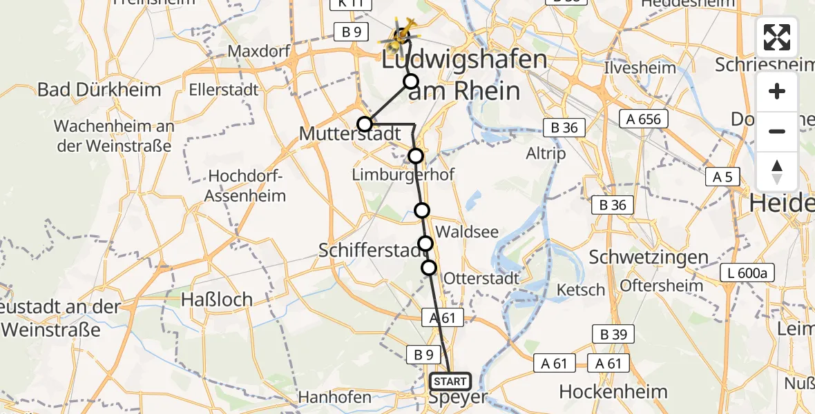 Flugroute Rettungshubschrauber Speyer - Ludwigshafen Accident Hospital Hubschrauberlandeplatz, 04 April 2026, 09:51