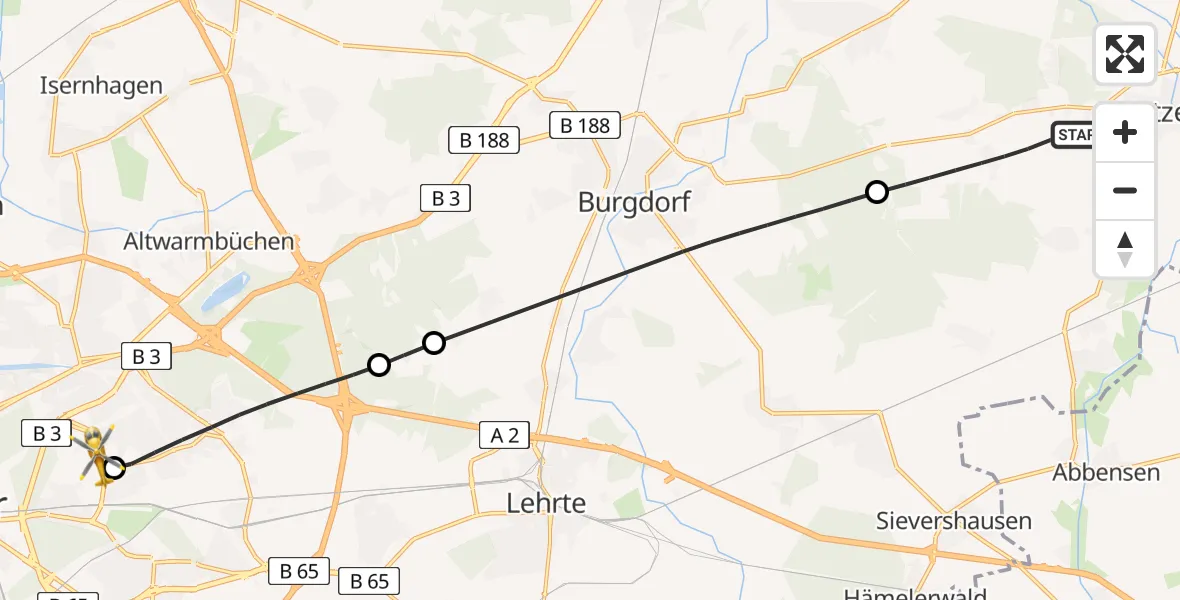 Flugroute Rettungshubschrauber Uetze - Hannover Luftrettung Hubschrauberlandeplatz (Christoph 4), 04 April 2026, 09:56