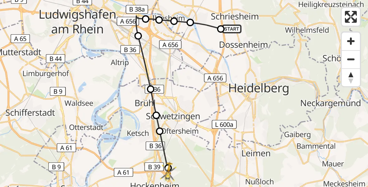 Flugroute Rettungshubschrauber Schriesheim - Hockenheim, 04 April 2026, 10:17
