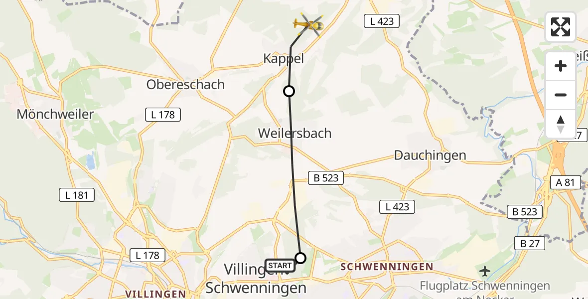 Flugroute Rettungshubschrauber DRF Air Rescue Station Villingen-Schwenningen Hubschrauberlandeplatz (Christoph 11) - Niedereschach, 04 April 2026, 10:25