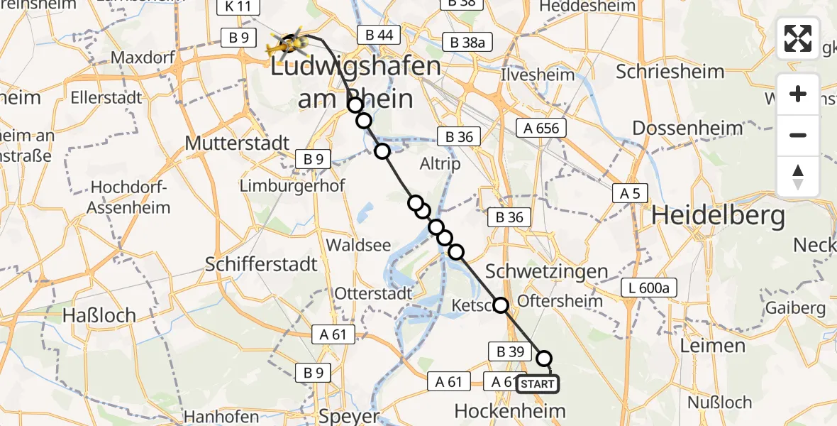 Flugroute Rettungshubschrauber Hockenheim - Ludwigshafen Accident Hospital, 04 April 2026, 10:46