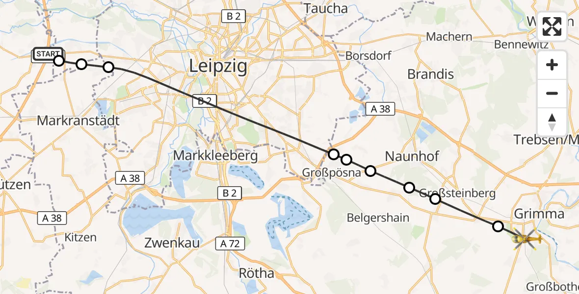 Flugroute Rettungshubschrauber ADAC Air Rescue Station Leipzig/Schkeuditz-Dölzig Hubschrauberlandeplatz (Christoph 61) - Grimma, 04 April 2026, 10:56