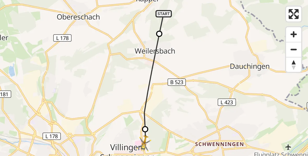 Flugroute Rettungshubschrauber Niedereschach - DRF Air Rescue Station Villingen-Schwenningen Hubschrauberlandeplatz (Christoph 11), 04 April 2026, 11:00