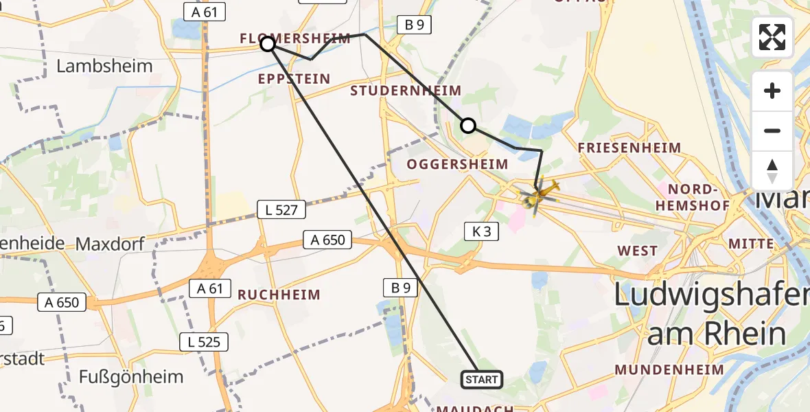 Flugroute Rettungshubschrauber Ludwigshafen am Rhein - Ludwigshafen am Rhein, 04 April 2026, 11:03
