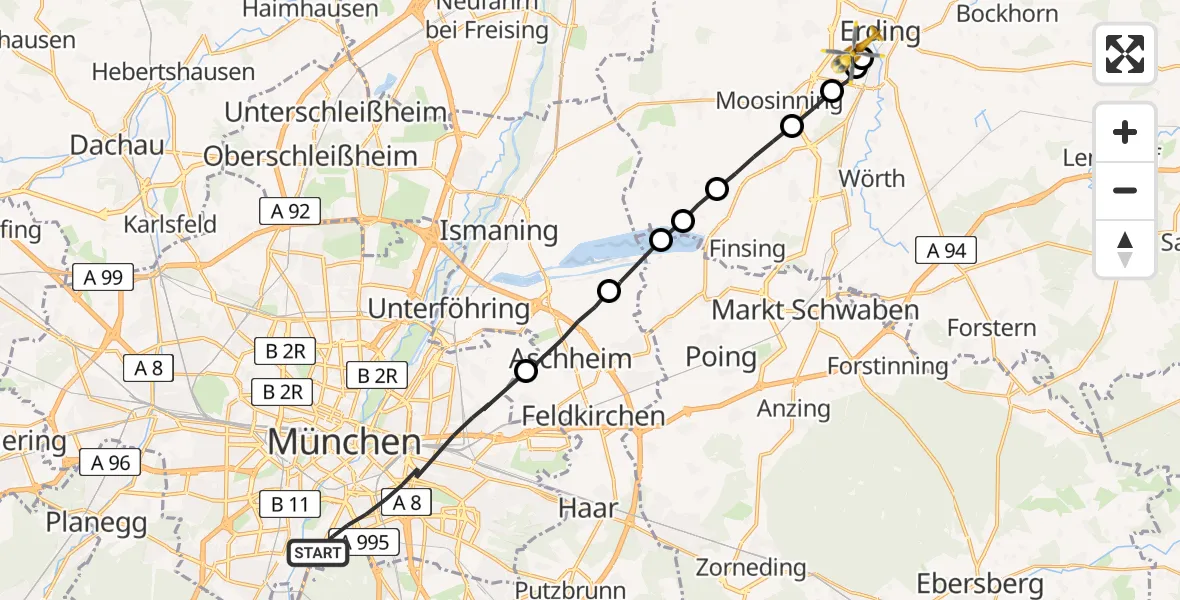 Flugroute Rettungshubschrauber München - Erding Kreis-Krankenhaus Hubschrauberlandeplatz, 04 April 2026, 11:09