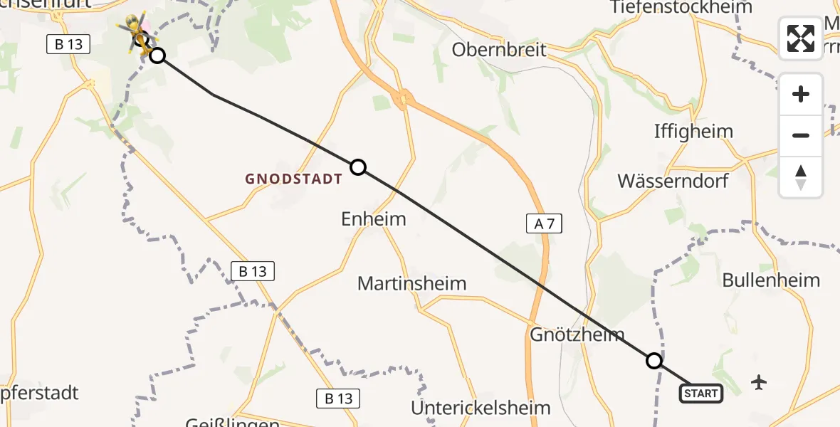 Flugroute Rettungshubschrauber Ippesheim - Ochsenfurt Hospital, 04 April 2026, 11:11