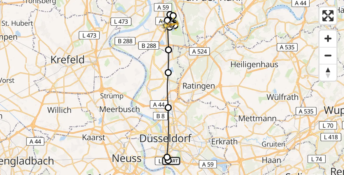 Flugroute Rettungshubschrauber Düsseldorf University Hospital - Duisburg Air Rescue Hubschrauberlandeplatz (Christoph 9), 04 April 2026, 11:15