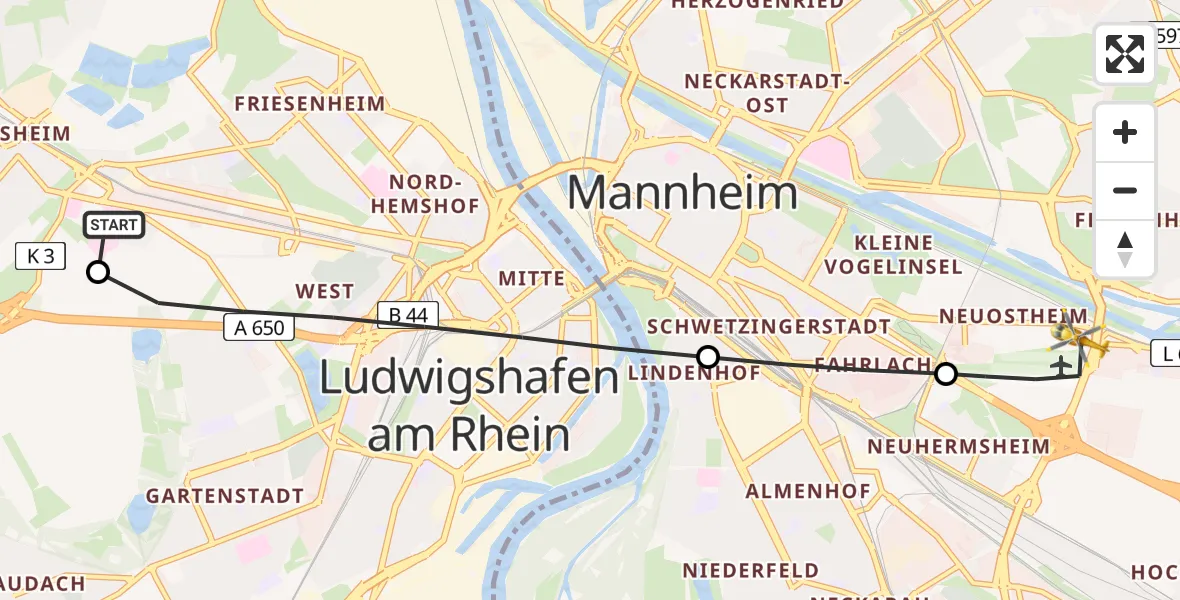 Flugroute Rettungshubschrauber Ludwigshafen Accident Hospital - Mannheim-City Flughafen, 04 April 2026, 11:17
