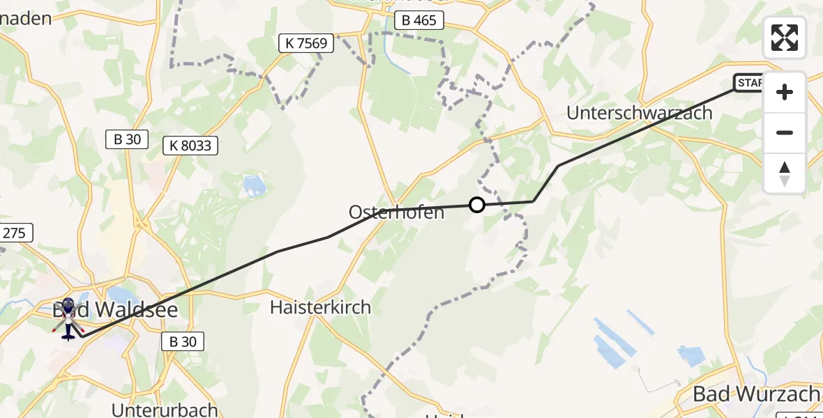 Flugroute Polizeihubschrauber Bad Wurzach - Bad Waldsee, 04 April 2026, 11:18