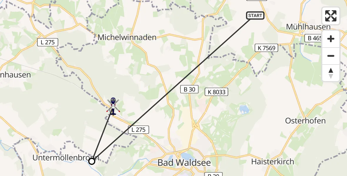 Flugroute Polizeihubschrauber Eberhardzell - Bad Waldsee, 04 April 2026, 11:21