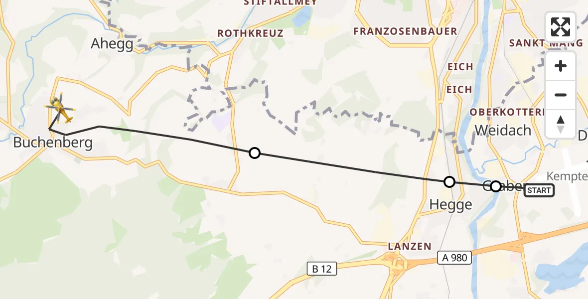 Flugroute Rettungshubschrauber Kempten-Durach Flugplatz - Buchenberg, 04 April 2026, 11:48