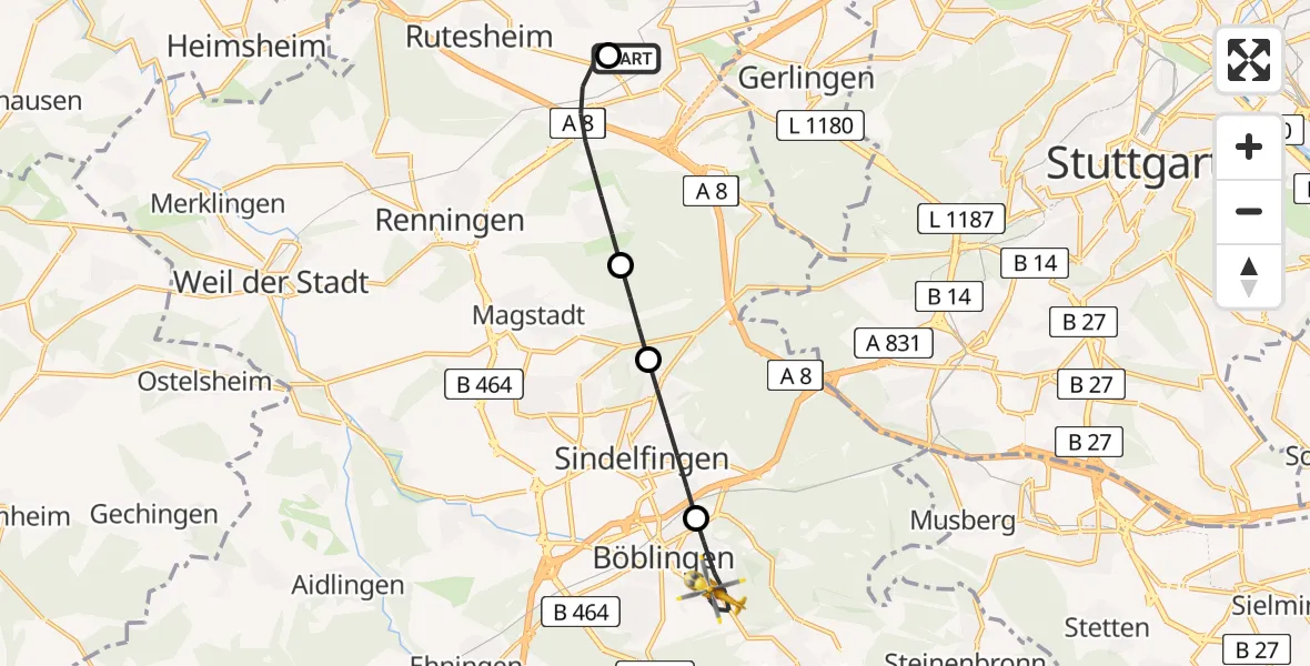 Flugroute Rettungshubschrauber Leonberg Hospital - Böblingen, 04 April 2026, 12:35
