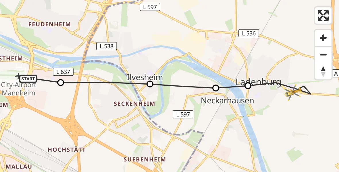 Flugroute Rettungshubschrauber Mannheim-City Flughafen - Ladenburg, 04 April 2026, 12:41