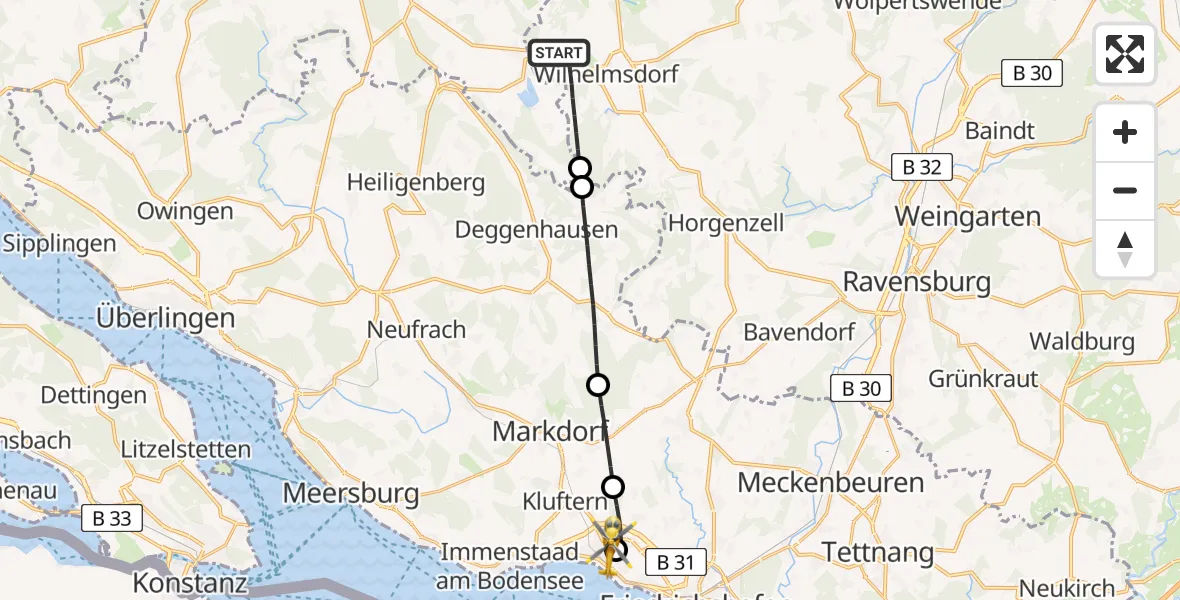 Flugroute Rettungshubschrauber Wilhelmsdorf - Friedrichshafen Hospital, 04 April 2026, 12:43