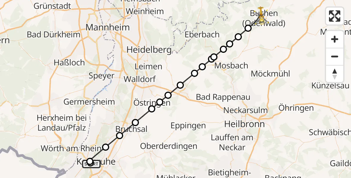 Flugroute Rettungshubschrauber Sankt Vincentius Hospital - Buchen (Odenwald), 04 April 2026, 12:51
