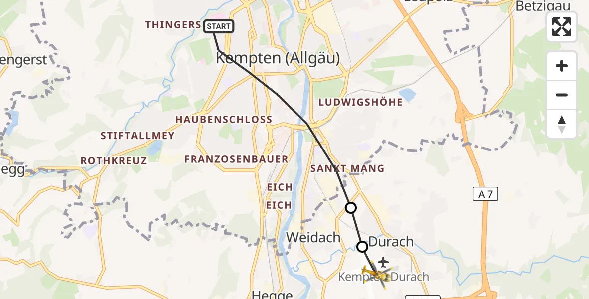 Flugroute Rettungshubschrauber Kempten (Allgäu) - Kempten-Durach Flugplatz, 04 April 2026, 12:55