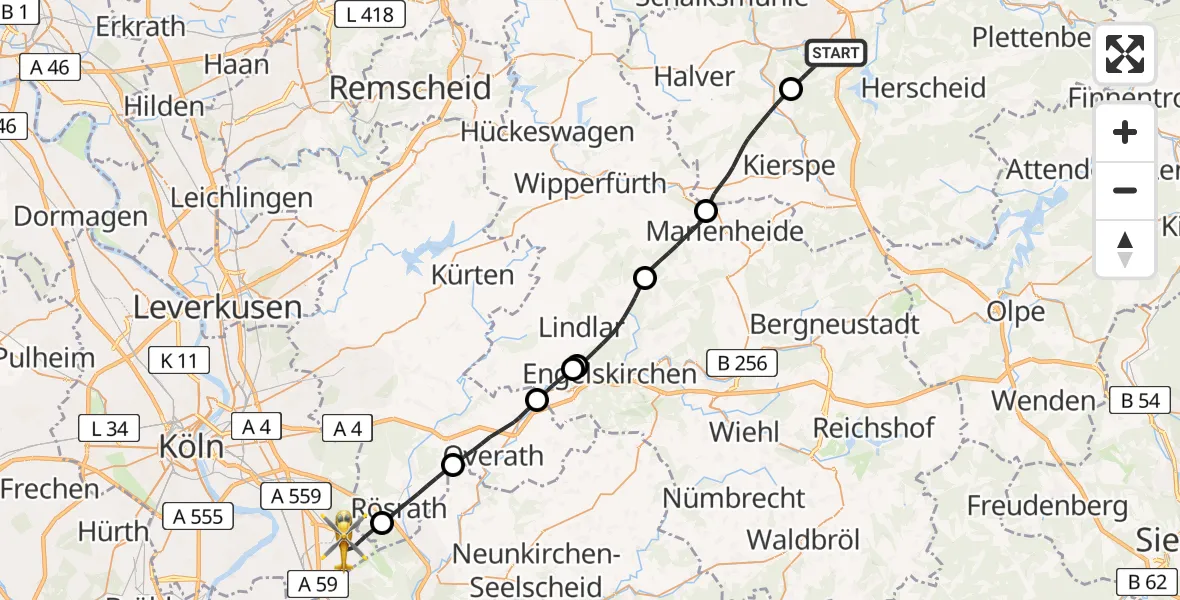 Flugroute Ambulanzhubschrauber Lüdenscheid - Köln Bonn Flughafen, 04 April 2026, 13:14