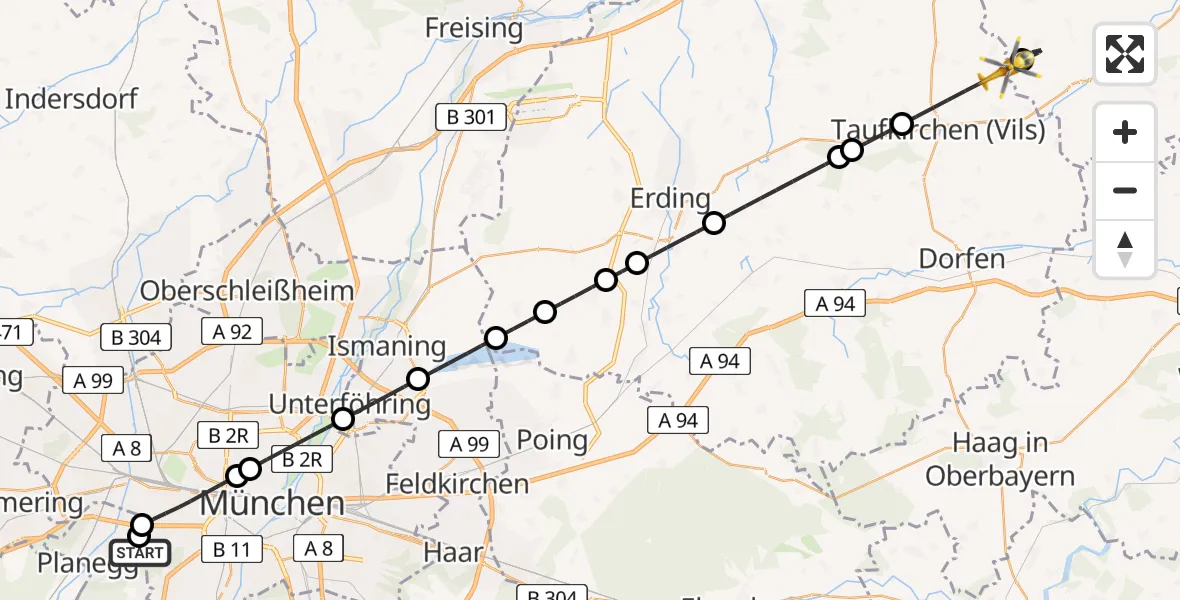 Flugroute Rettungshubschrauber DRF Air Rescue München Hubschrauberlandeplatz - Taufkirchen (Vils), 04 April 2026, 13:15