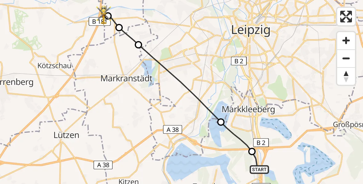 Flugroute Rettungshubschrauber Böhlen - ADAC Air Rescue Station Leipzig/Schkeuditz-Dölzig Hubschrauberlandeplatz (Christoph 61), 04 April 2026, 13:18