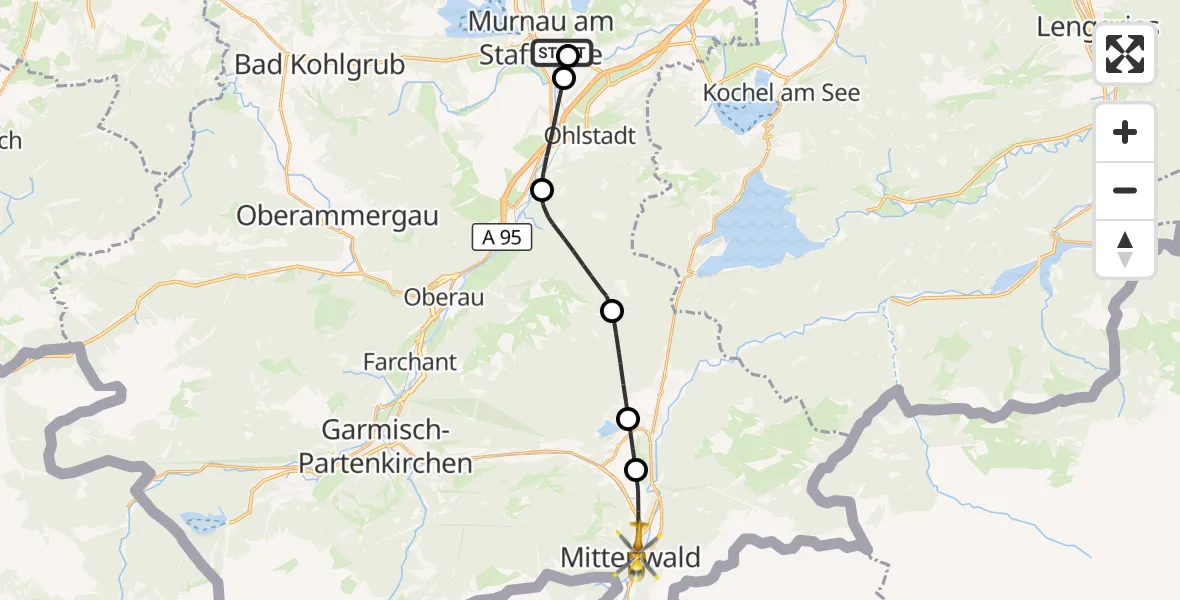 Flugroute Rettungshubschrauber Murnau Accident Hospital - Mittenwald, 04 April 2026, 13:23