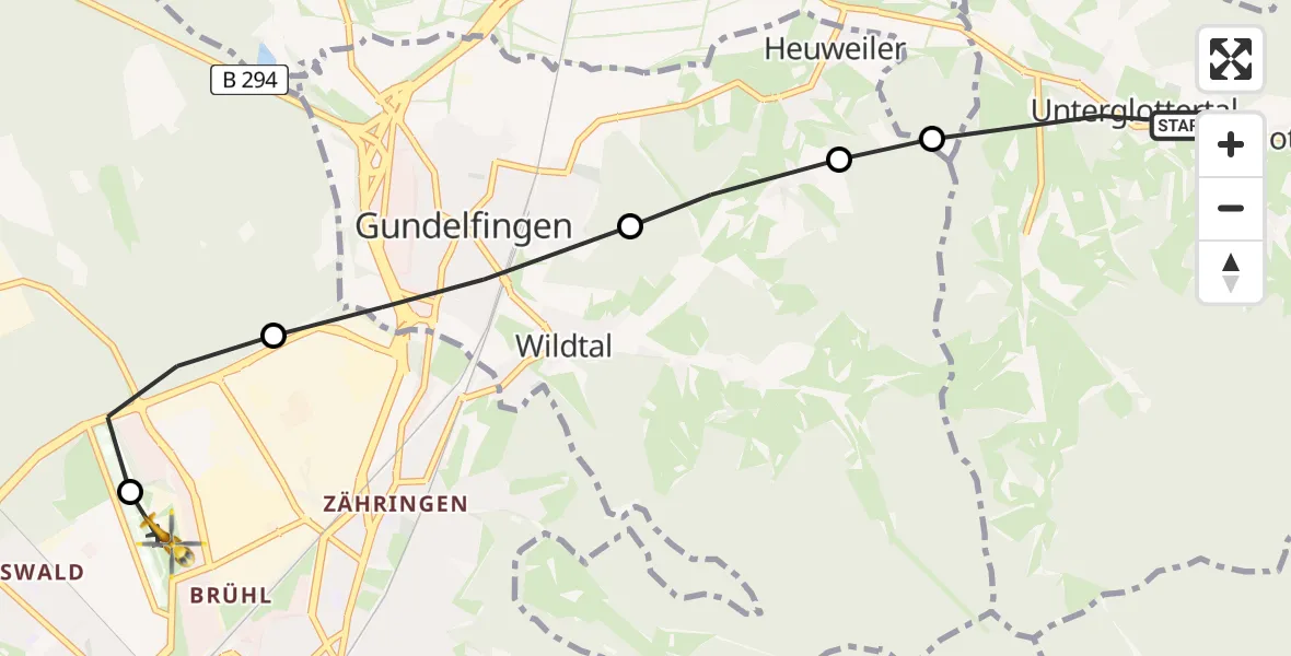 Flugroute Rettungshubschrauber Glottertal - Freiburg im Breisgau Flugplatz, 04 April 2026, 13:23