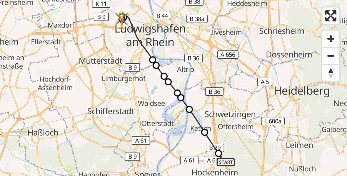 Flugroute Rettungshubschrauber Hockenheim - Ludwigshafen Accident Hospital, 04 April 2026, 13:29