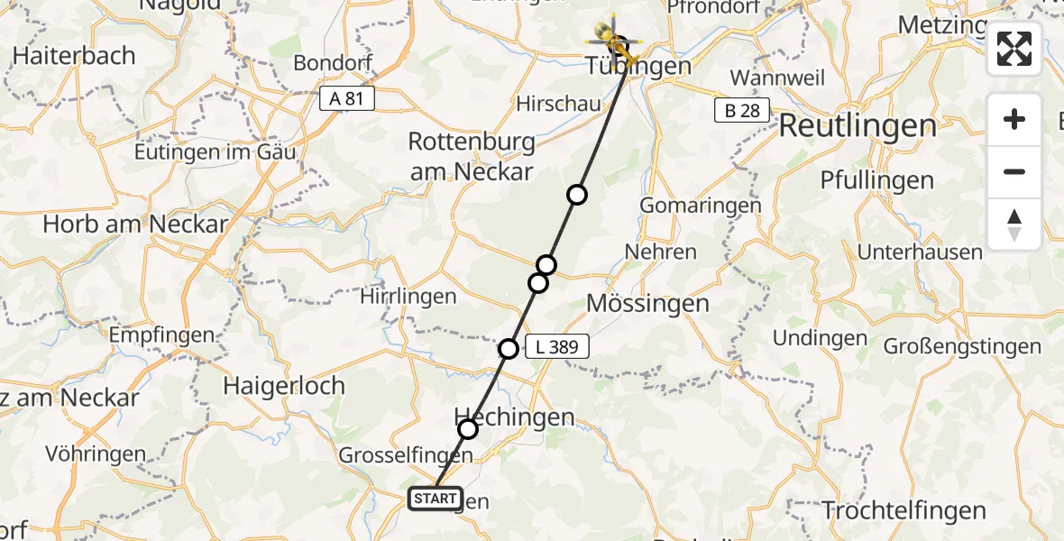 Flugroute Rettungshubschrauber Bisingen - Tübingen University Hospital, 04 April 2026, 13:31