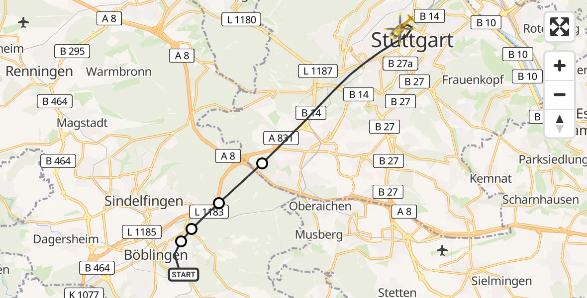 Flugroute Rettungshubschrauber Böblingen - Stuttgart, 04 April 2026, 13:34