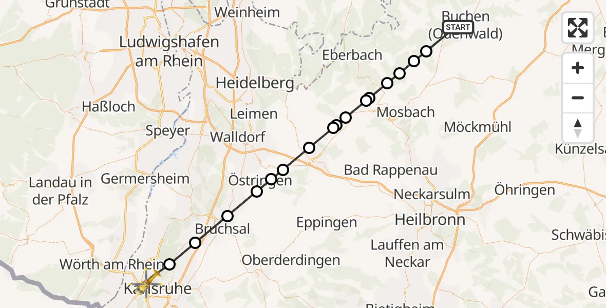 Flugroute Rettungshubschrauber Buchen (Odenwald) - Karlsruhe, 04 April 2026, 13:44