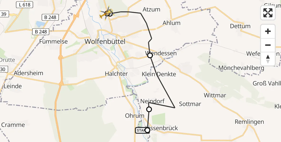 Flugroute Rettungshubschrauber Dorstadt - Wolfenbüttel Municipal Hospital Heliport (Christoph 30), 04 April 2026, 13:50