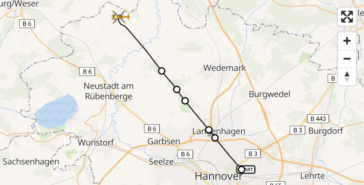 Flugroute Rettungshubschrauber Hannover Luftrettung Hubschrauberlandeplatz (Christoph 4) - Neustadt am Rübenberge, 04 April 2026, 14:00