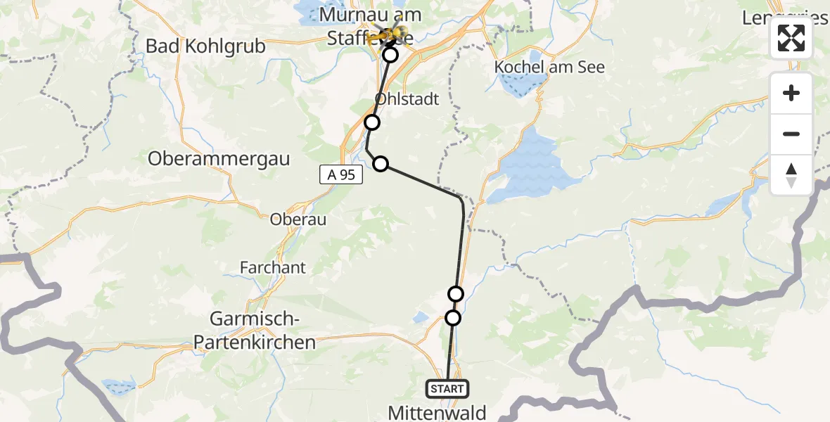 Flugroute Rettungshubschrauber Mittenwald - Murnau Accident Hospital, 04 April 2026, 14:09