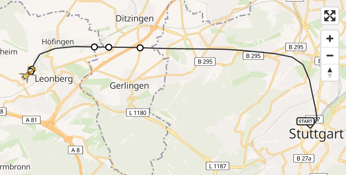 Flugroute Rettungshubschrauber Stuttgart - Leonberg Hospital, 04 April 2026, 14:20