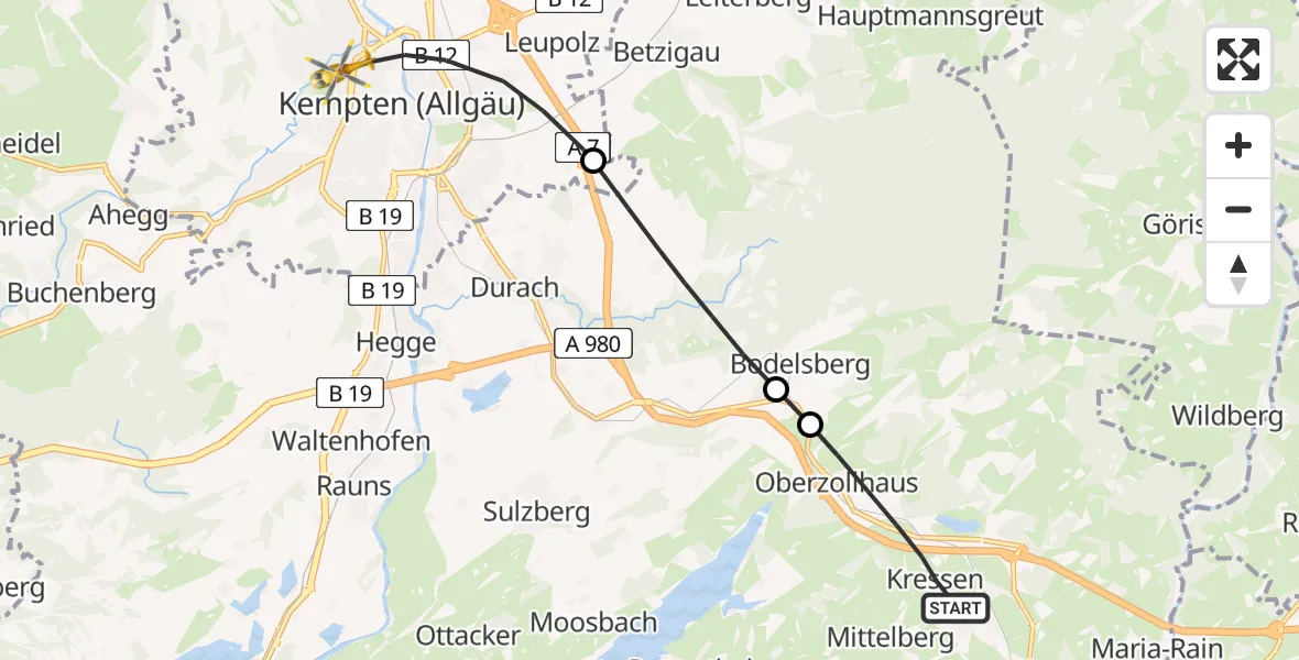 Flugroute Rettungshubschrauber Oy-Mittelberg - Kempten (Allgäu), 04 April 2026, 14:21