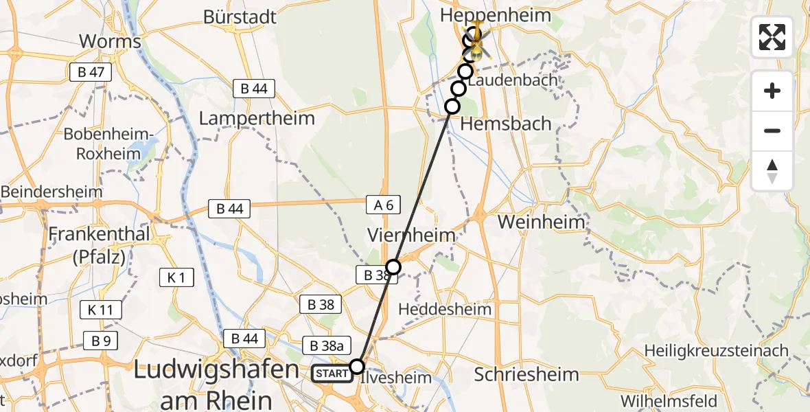 Flugroute Rettungshubschrauber Mannheim-City Flughafen - Bergstraße District Hospital, 04 April 2026, 14:24