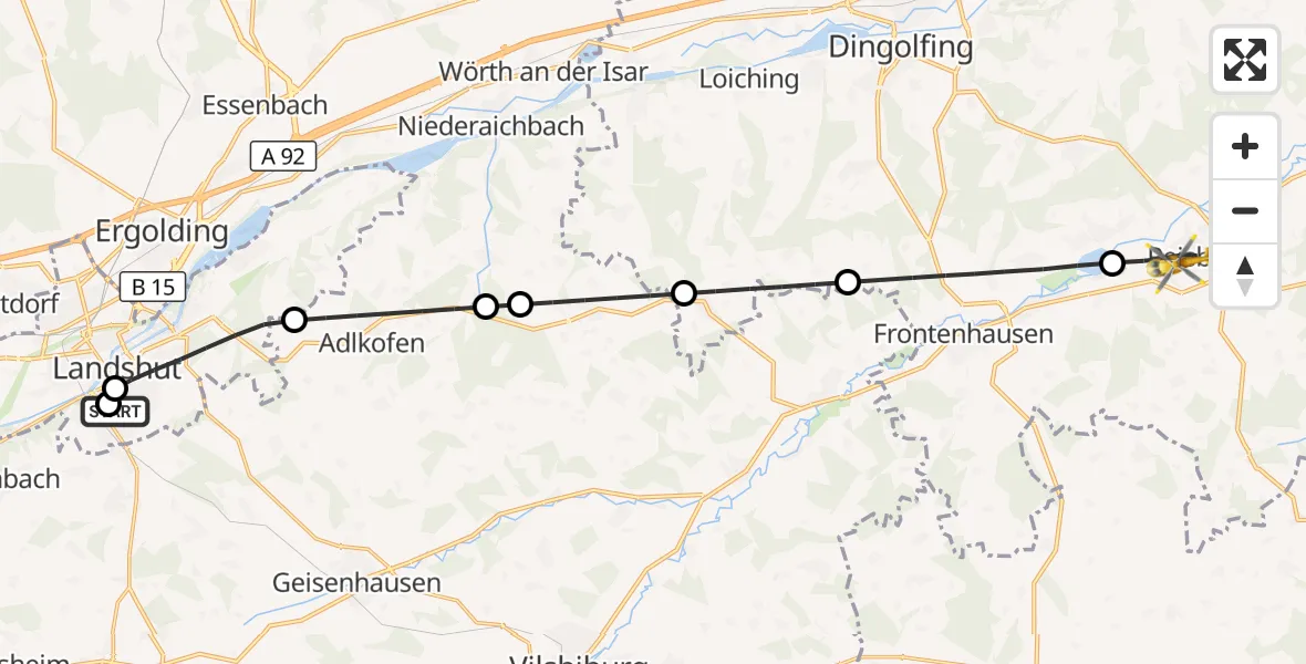Flugroute Rettungshubschrauber Lakumed Hospital Landshut-Achdorf - Reisbach, 04 April 2026, 14:29