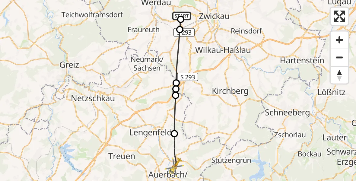 Flugroute Rettungshubschrauber ADAC Air Rescue Station Zwickau Hubschrauberlandeplatz - Rodewisch, 04 April 2026, 14:33