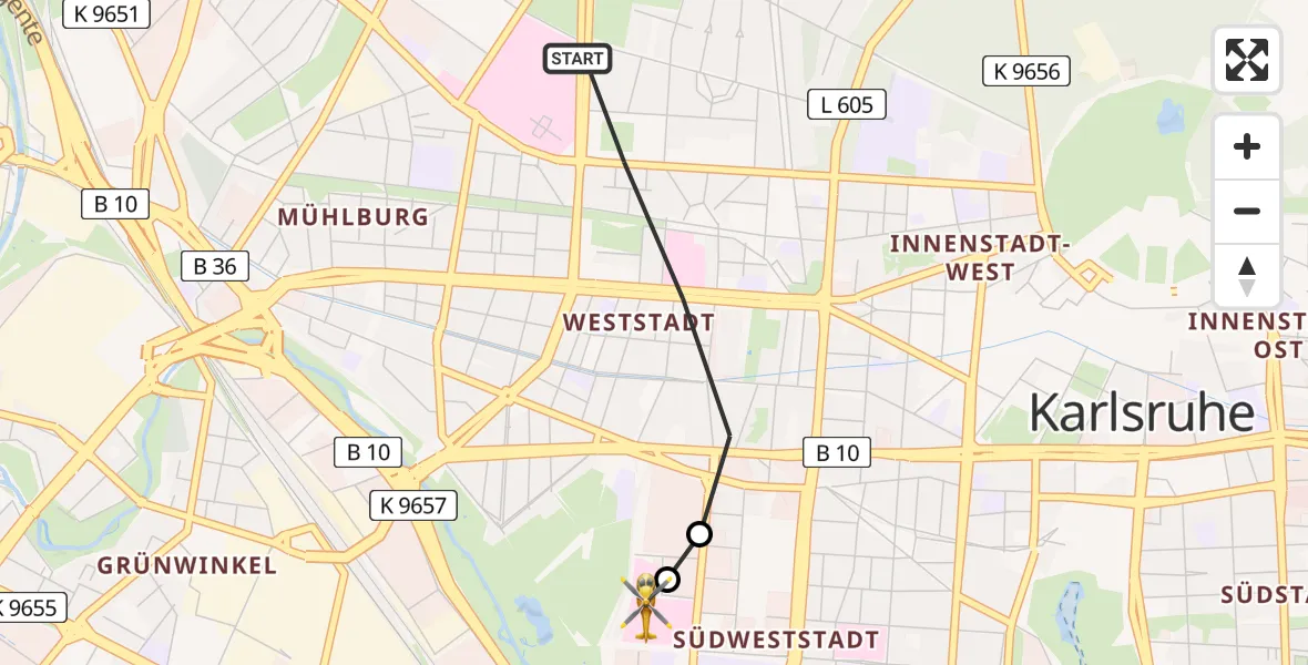 Flugroute Rettungshubschrauber Karlsruhe - Sankt Vincentius Hospital, 04 April 2026, 14:41