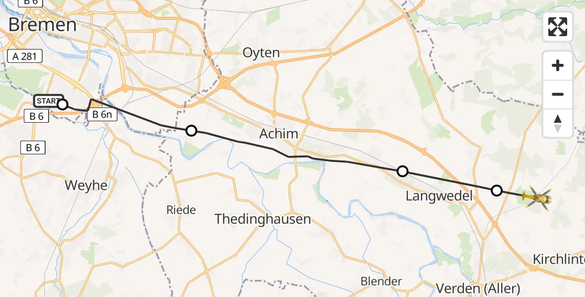 Flugroute Rettungshubschrauber ADAC Air Rescue Station Bremen Hubschrauberlandeplatz (Christoph 6) - Verden (Aller), 04 April 2026, 15:07