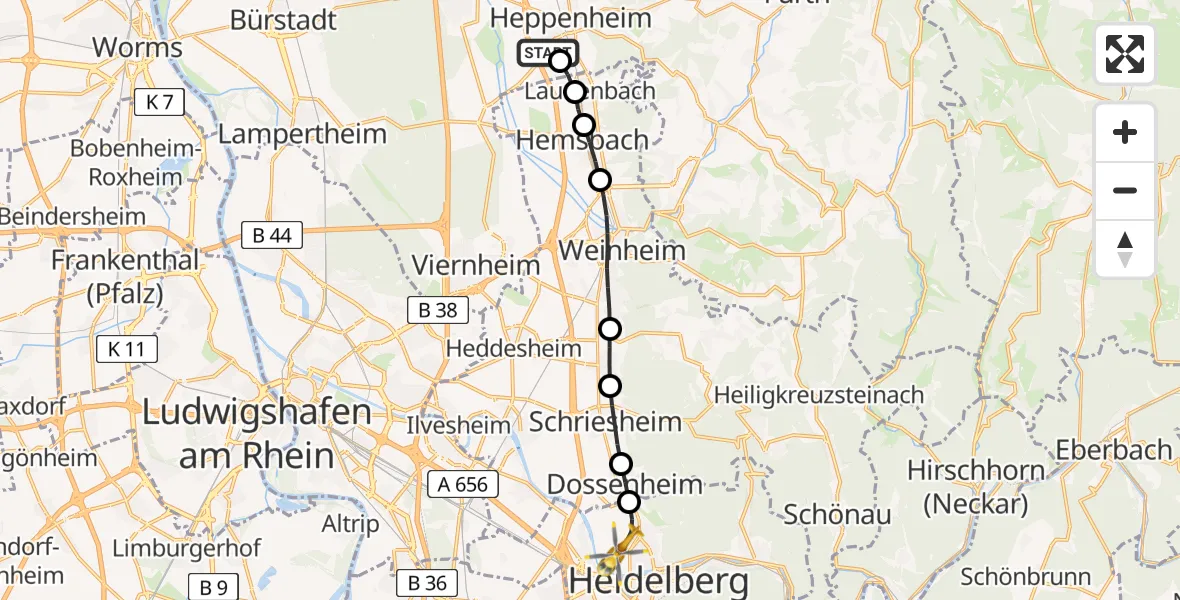 Flugroute Rettungshubschrauber Bergstraße District Hospital - Heidelberg, 04 April 2026, 15:16